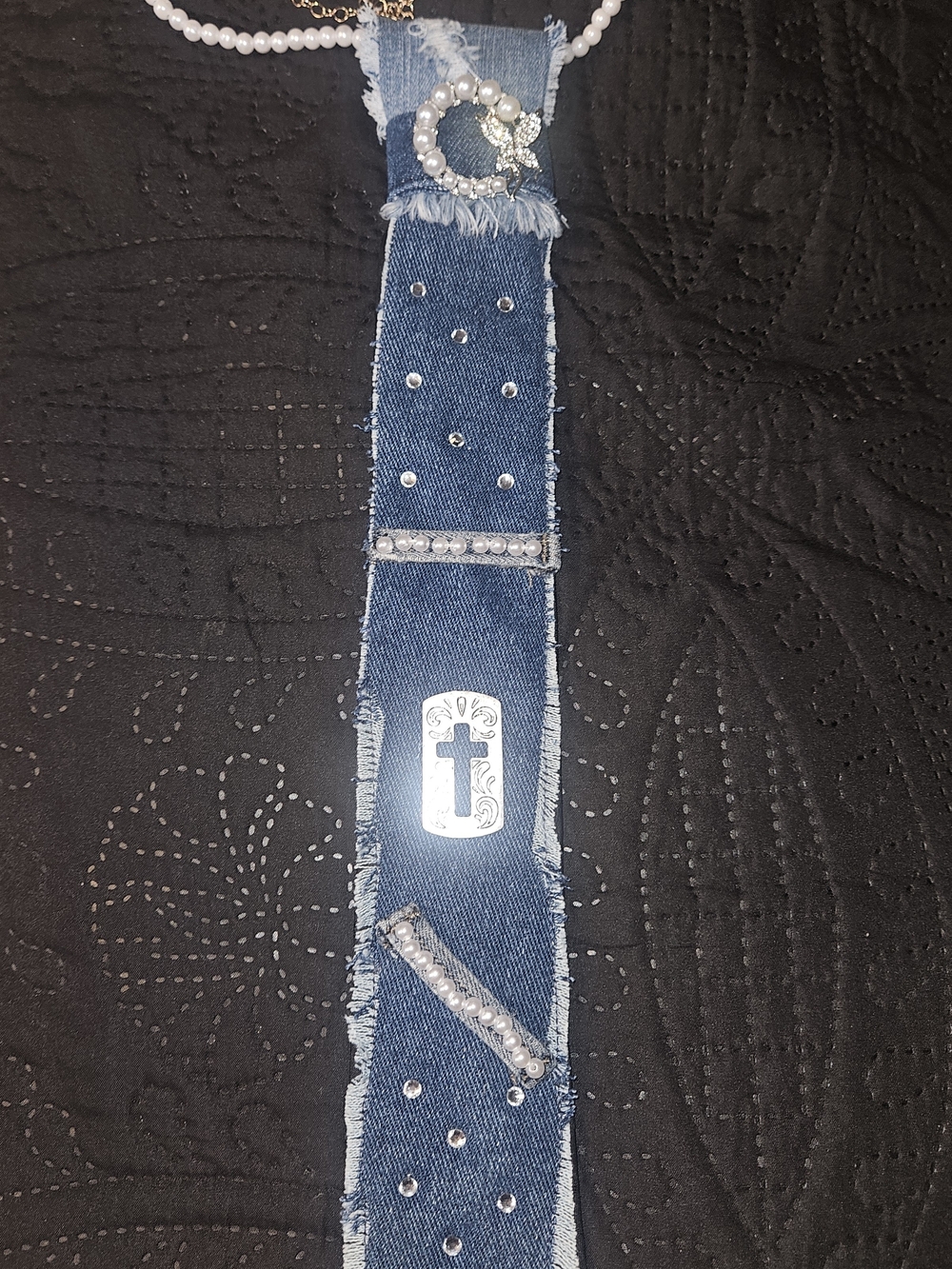 Denim Cross Pendant Necktie with Rhinestone Accents